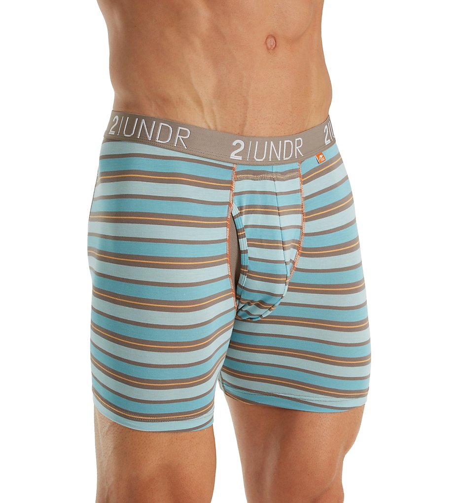 2UNDR 2U01BB-S Swing Shift Stretch 6 Inch Stripe Boxer Briefs (Blue/Orange Stripes)