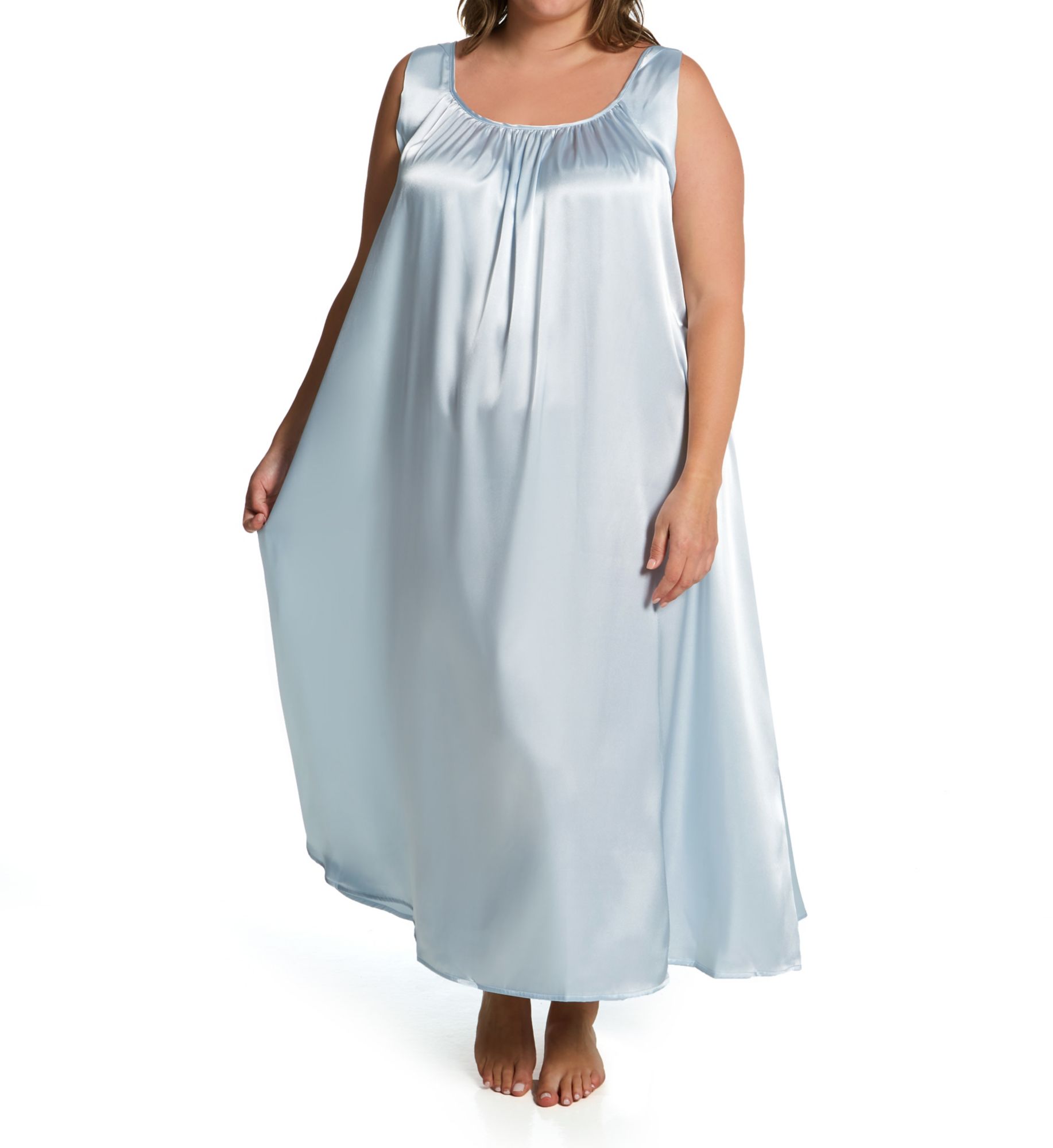 Amanda Rich Women's Plus Satin Banded Sleeve Long Gown in Light Blue | Size: XL | HerRoom.com