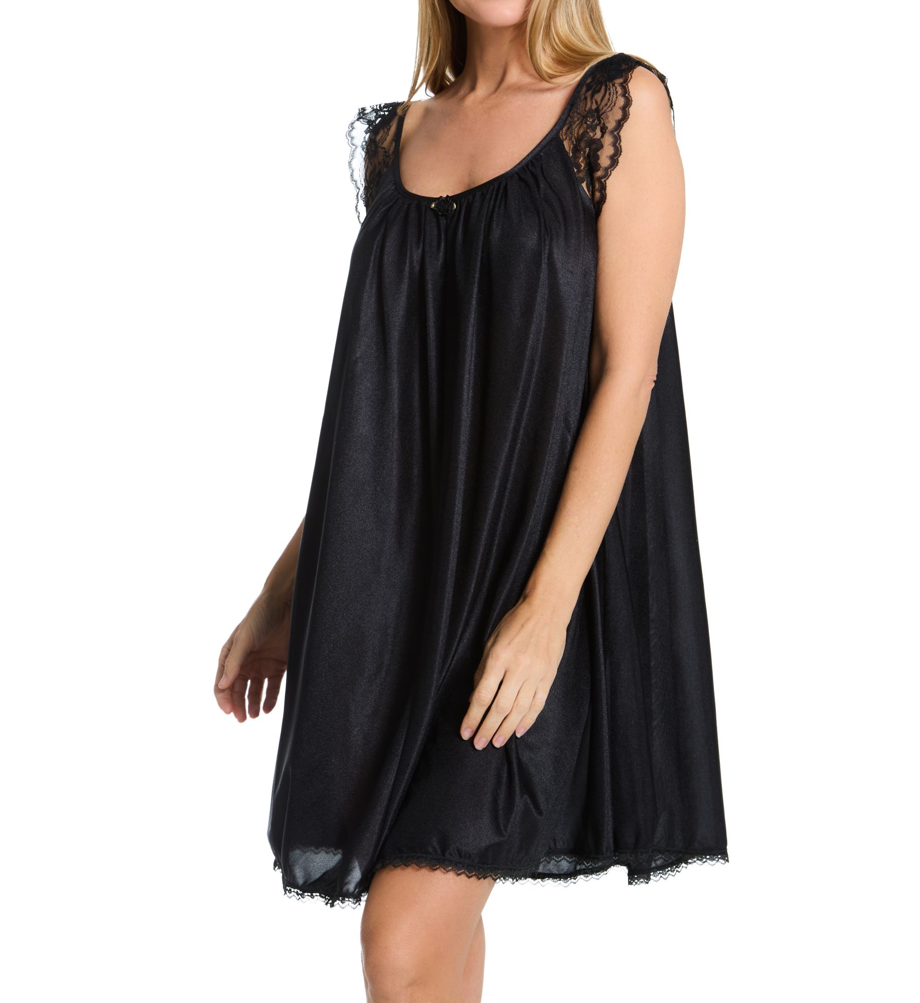Amanda Rich Women's Lace Cap Knee Length Gown in Black | Size: Small | HerRoom.com