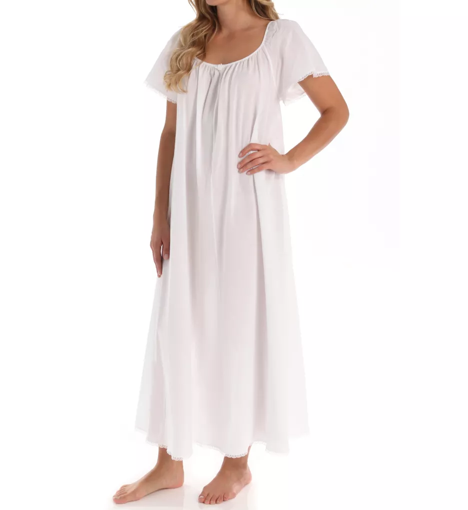 Short Sleeve Long Gown with Eyelet Trim White S