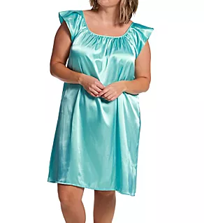 Plus Satin Knee Length Gown with Flutter Sleeve Aqua 2X