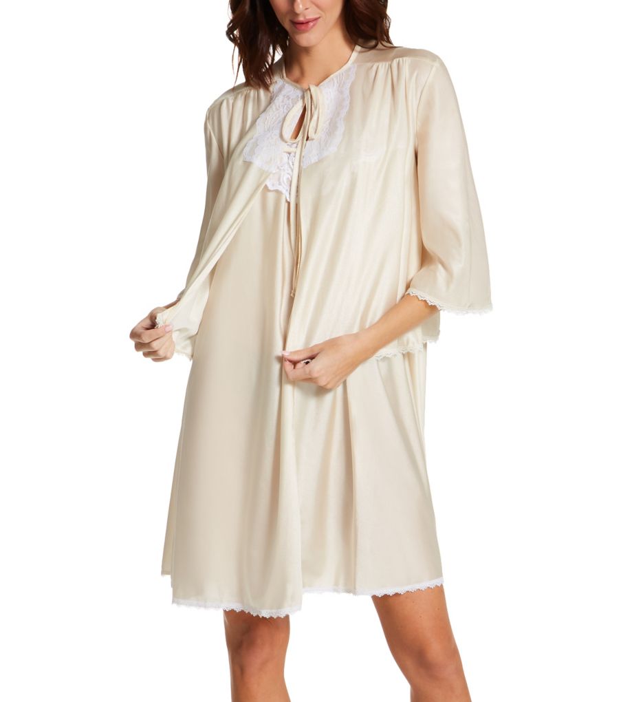 Amanda Rich Tricot Bed Jacket With Lace Champagne S  - Image 5