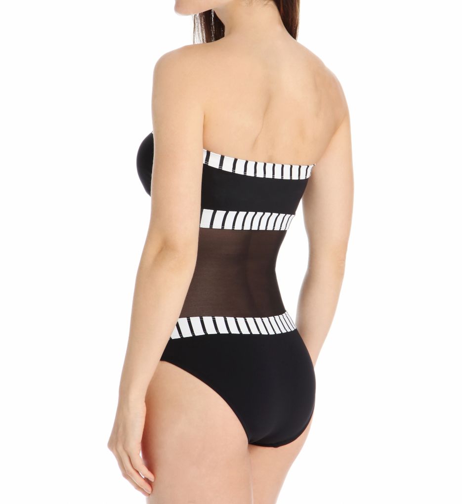 Simple Stripe Mesh Bandeau One Piece Swimsuit