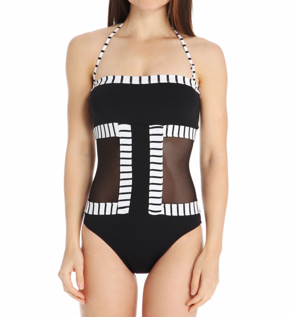 Simple Stripe Mesh Bandeau One Piece Swimsuit-fs