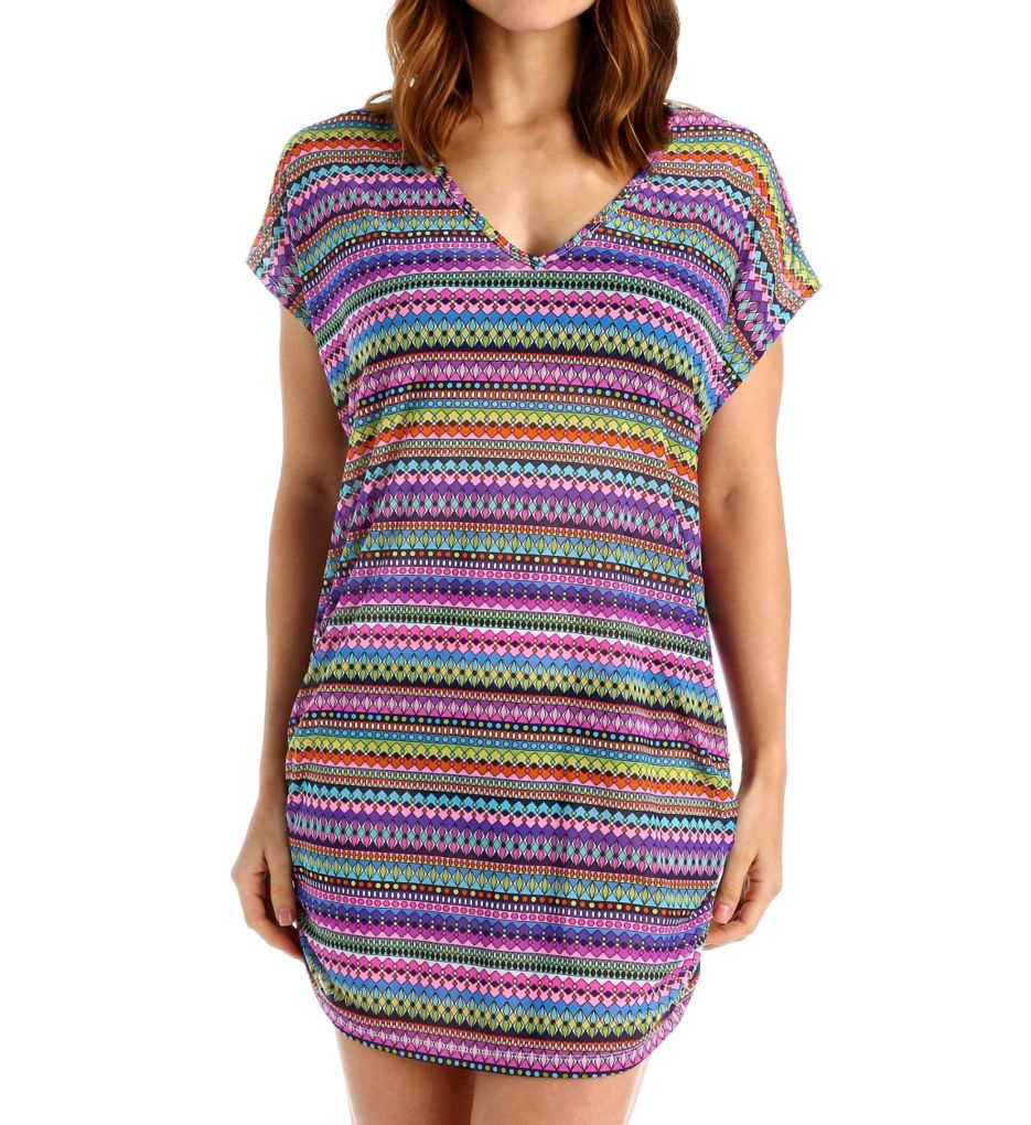 Desert Diamonds Mesh V-Neck Side Shirred Coverup-fs