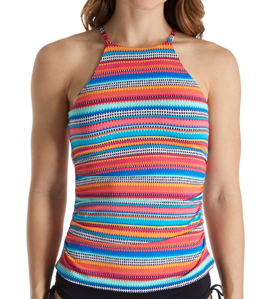 Triangle Stripe High Neck Tankini Swim Top-fs