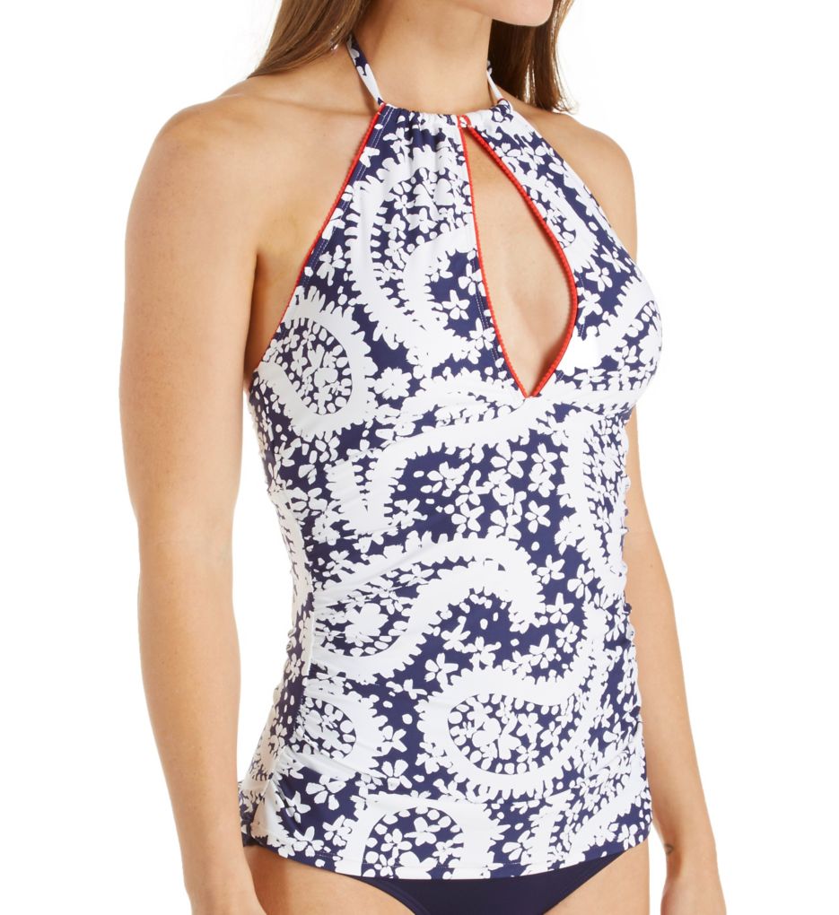 Pattie Paisley High Neck Shirred Tankini Swim Top-acs