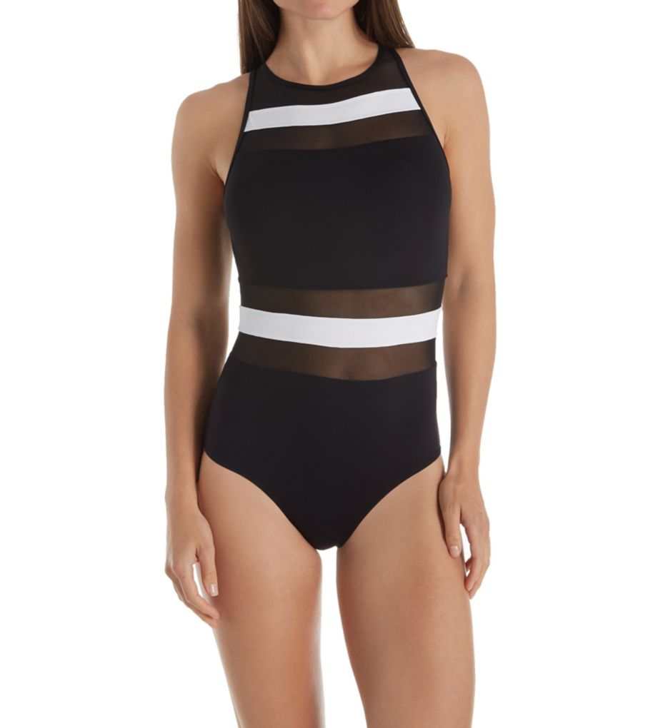 Colorblock Mesh Spliced One Piece Swimsuit-fs