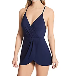 Live In Color Surplice Maillot Skirted Swim Dress New Navy 6