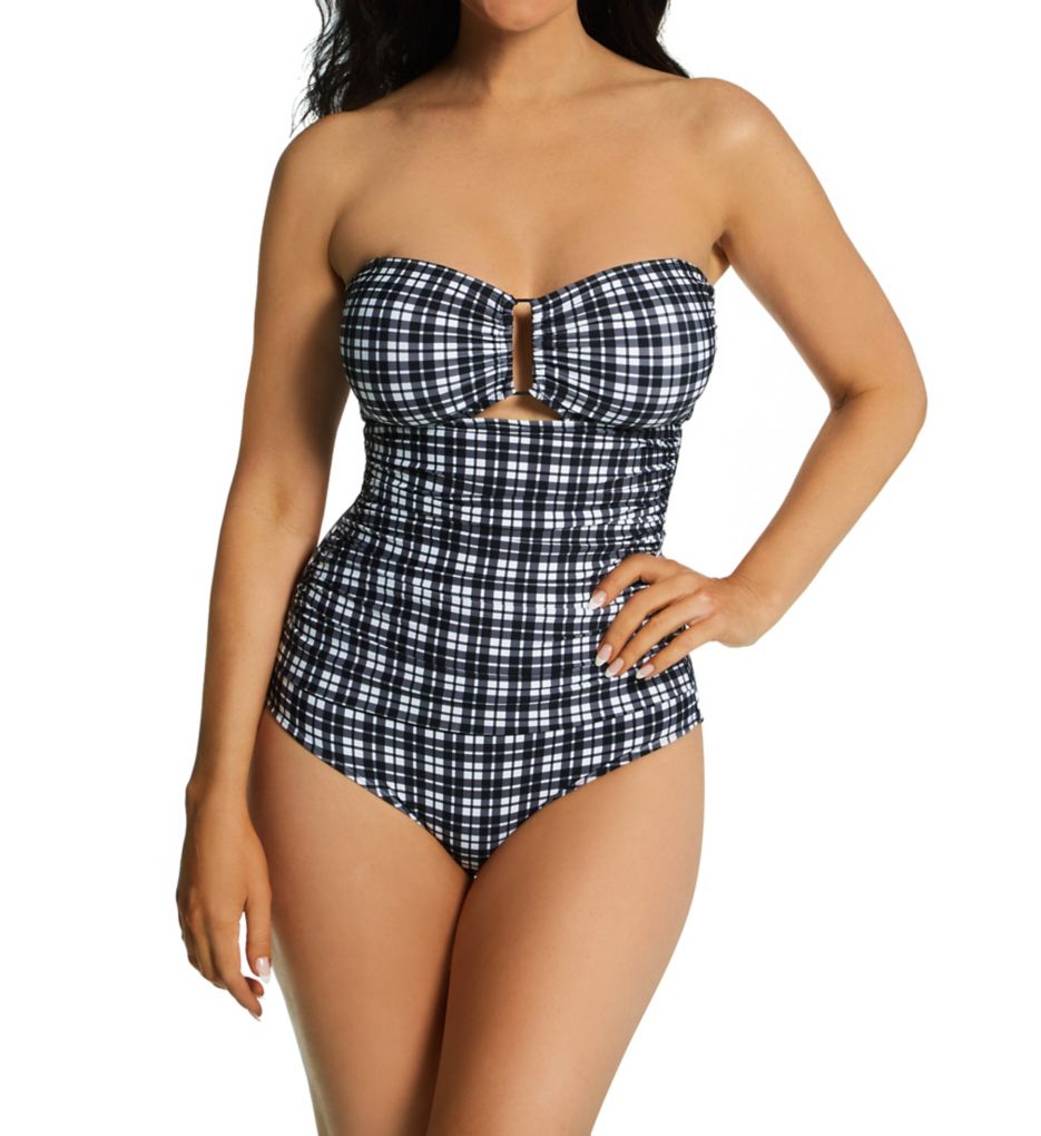 Plaid Bandeau Shirred Keyhole One Piece Swimsuit