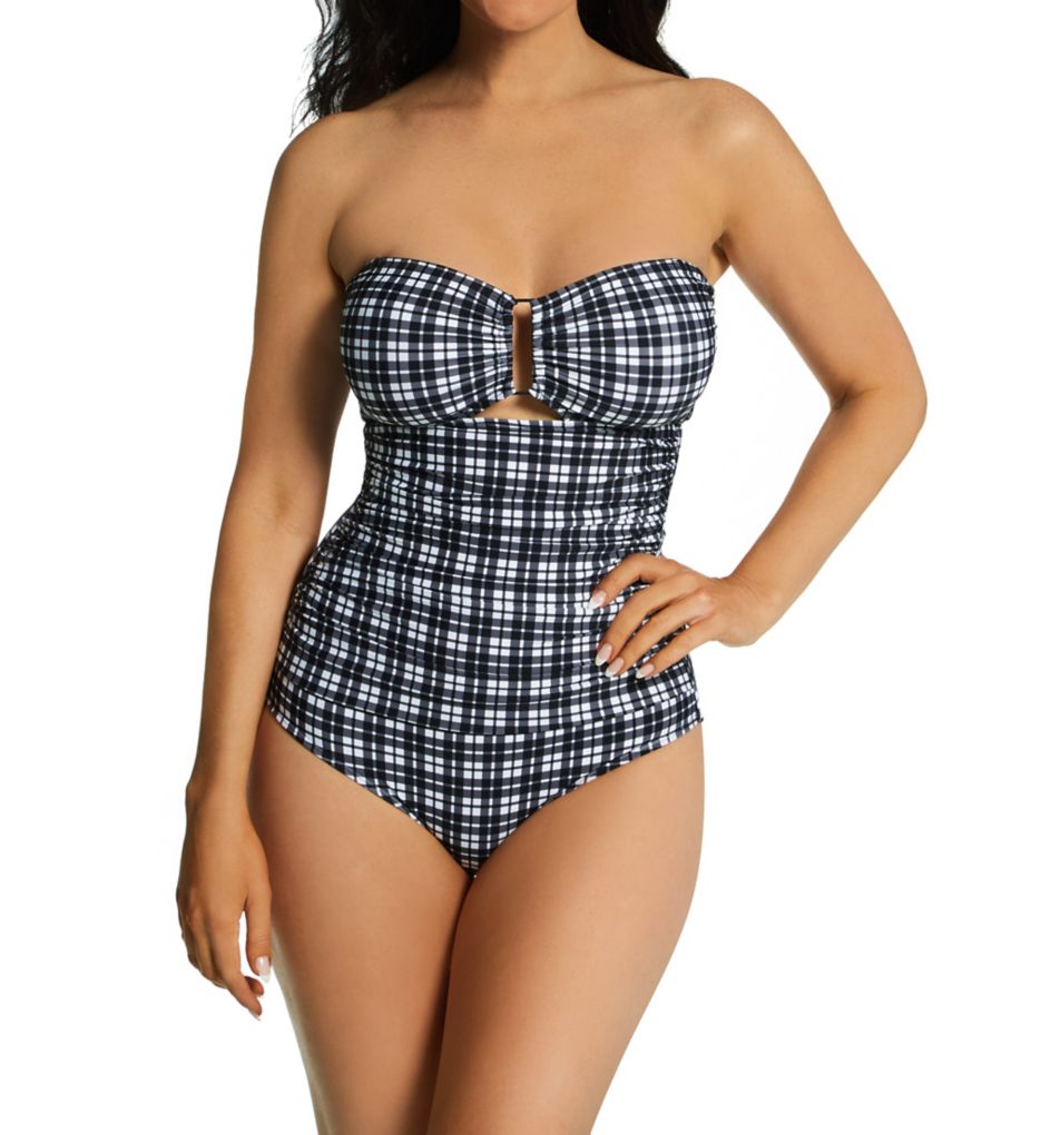 Box Plaid Bandeau Shirred Keyhole One Piece