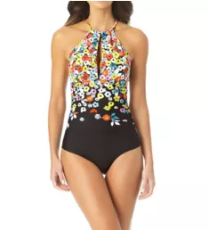 Flower Field Print Key Hole High Neck Swimsuit