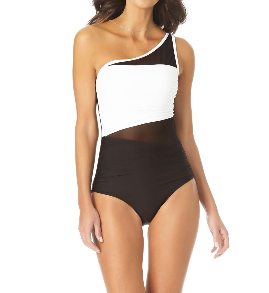 Meshing Around Shirred One Shoulder Swimsuit Black/White 16 by Anne Cole