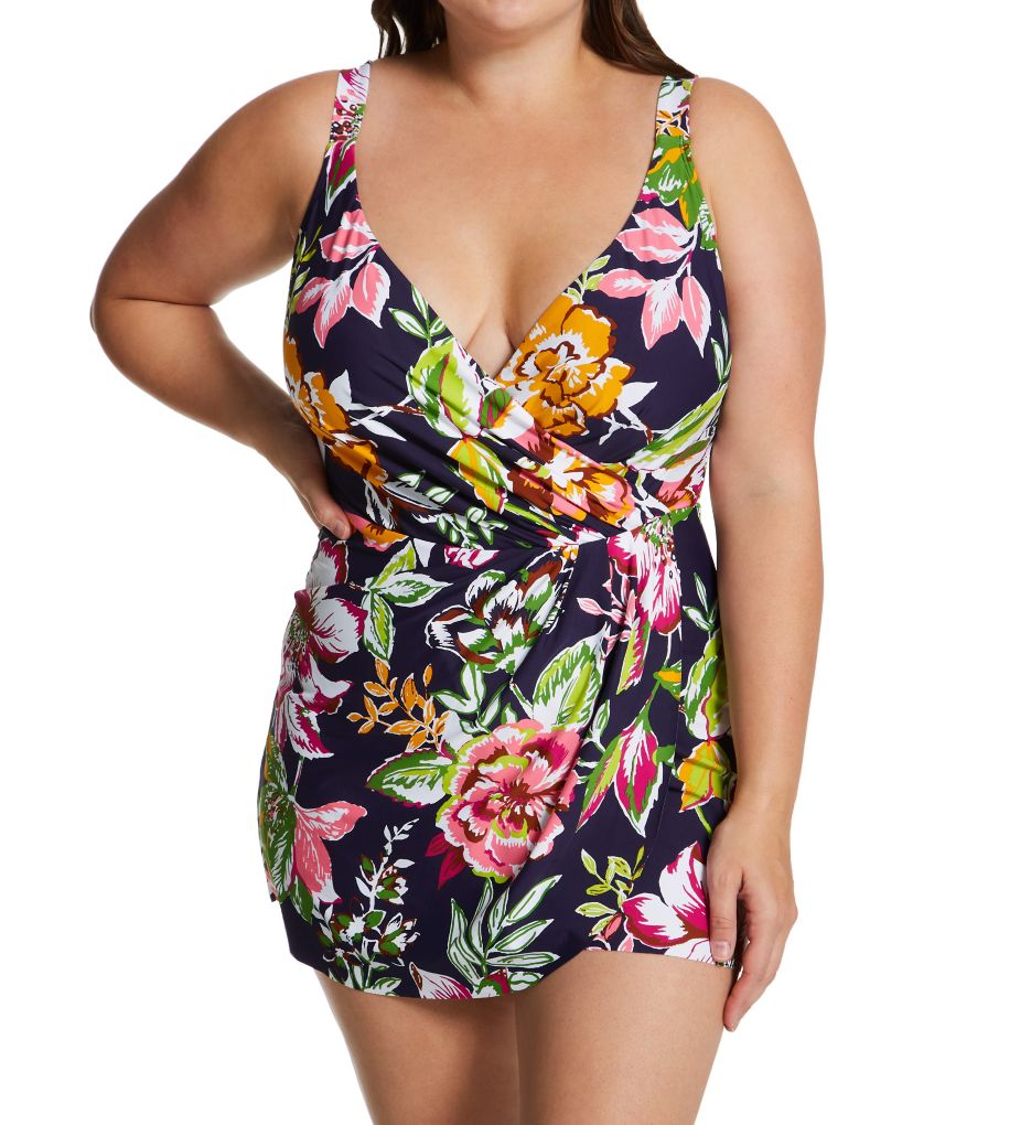 Plus Size Tropical Bloom Surplice Swim Dress-acs