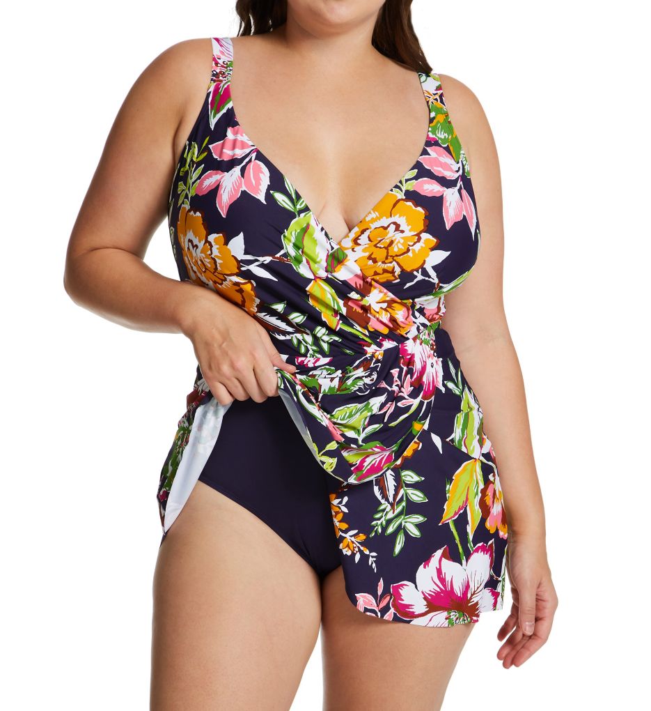 Plus Size Tropical Bloom Surplice Swim Dress-cs1