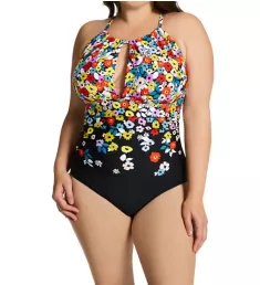 Plus Size Flower Field Keyhole High Neck Swimsuit Black/White 24W