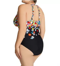 Plus Size Flower Field Keyhole High Neck Swimsuit Black/White 24W