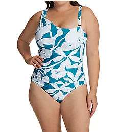 Plus Size Mari Botanical One Shoulder Swimsuit Teal Print 16W