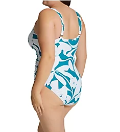 Plus Size Mari Botanical One Shoulder Swimsuit Teal Print 16W