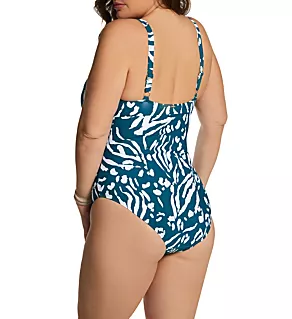 Plus Size Jungle Fever V-Wire One Piece Swimsuit Blue White Print 24W