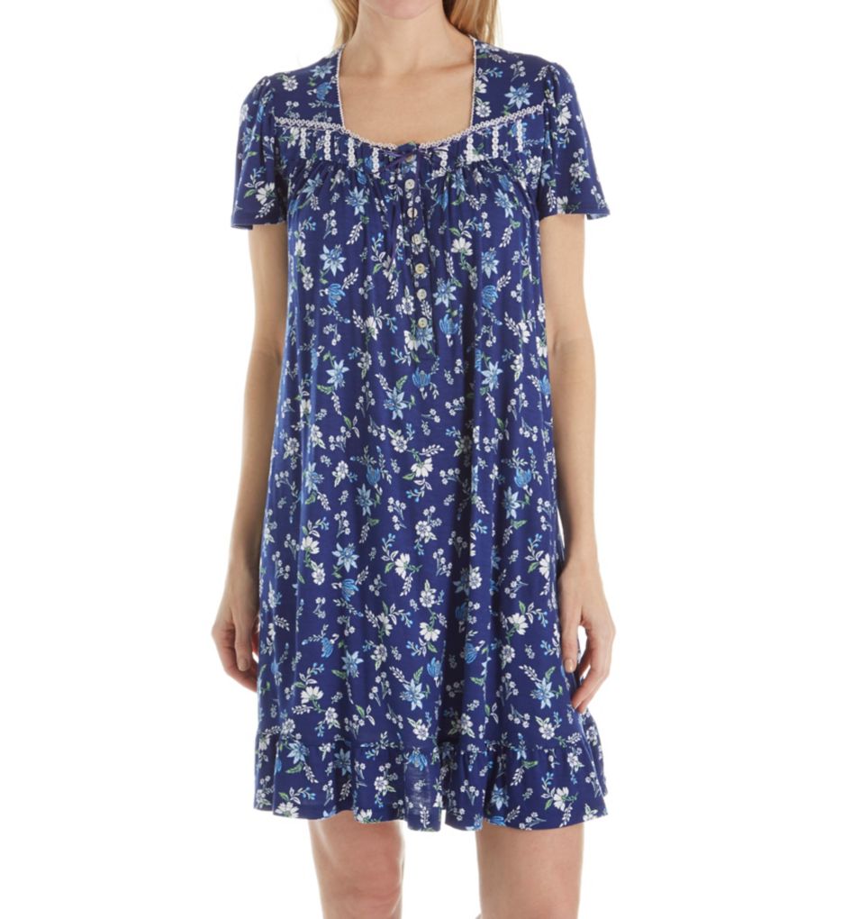 Blue Print Short Sleeve Short Nightgown-fs
