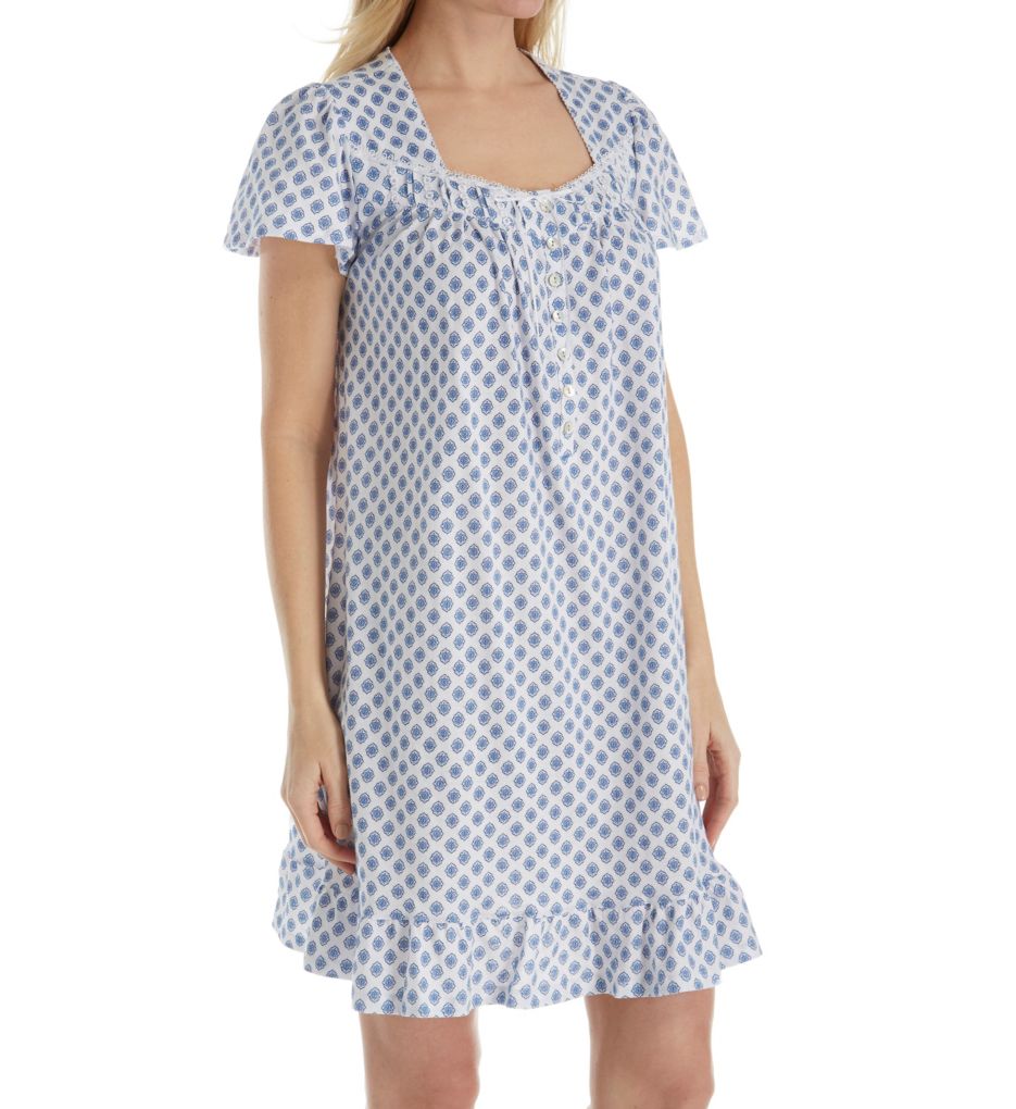 Blue Print Cotton Short Sleeve Short Nightgown-acs