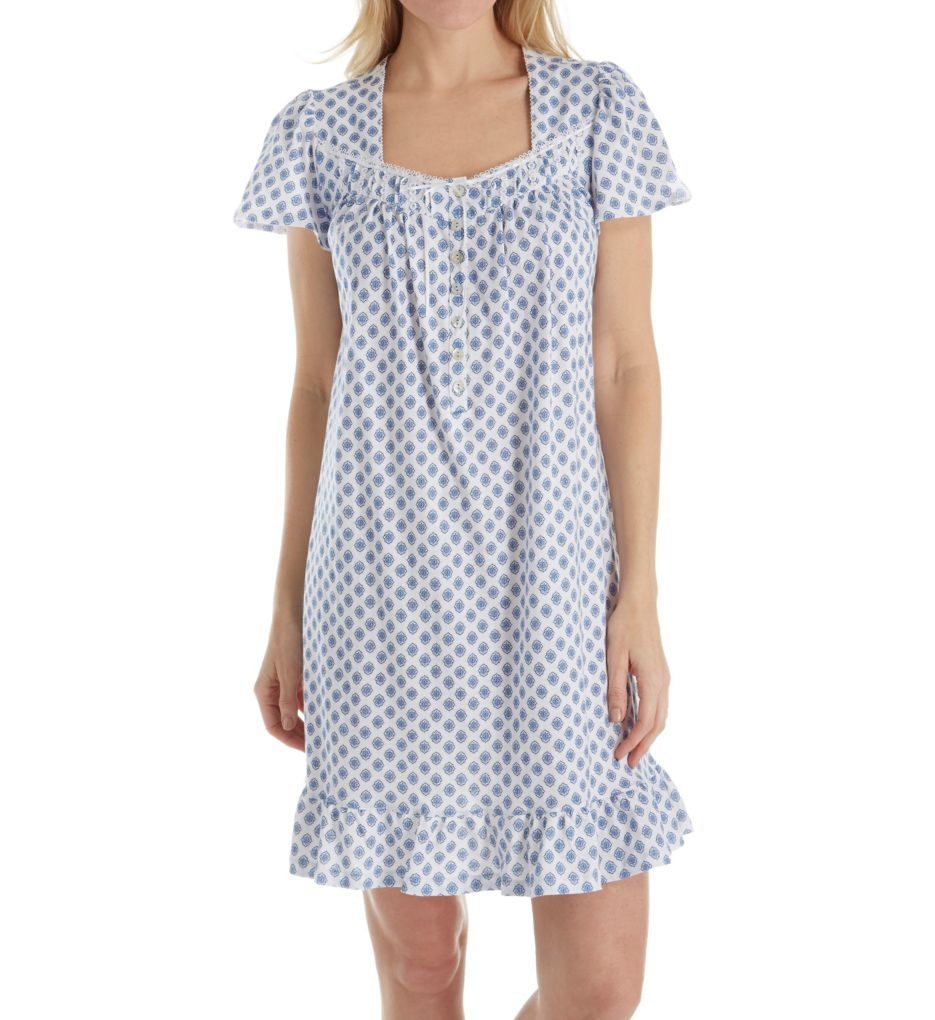 Blue Print Cotton Short Sleeve Short Nightgown-fs