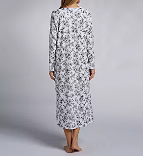 100% Cotton Knit Long Nightgown Ivory Floral L