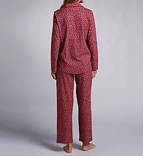 100% Cotton Knit Long Pant PJ Set Red Garden Vine Floral M