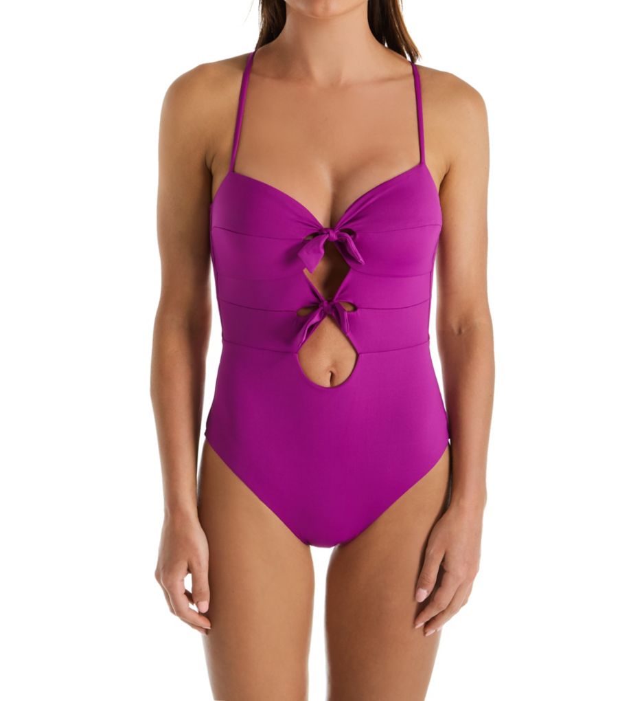 Color Code Adjustable Tie Front One Piece Swimsuit-fs