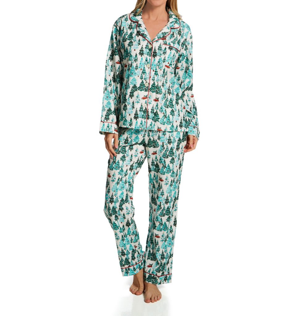 Women's Long Sleeve Pajama Set in Snow with Midnight Trim