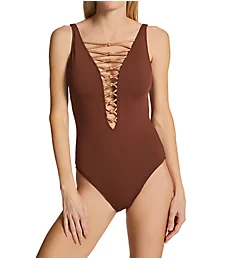 Let's Get Knotty Lace Down One Piece Swimsuit Chocolate 6