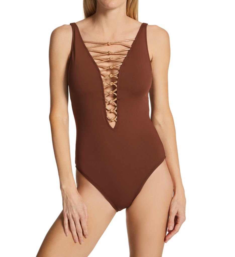 Shell Trim Plunge Long Sleeve Swimsuit