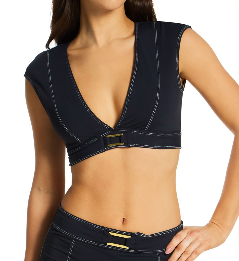 Sporty Swim Cap Sleeve Crop Top in Black