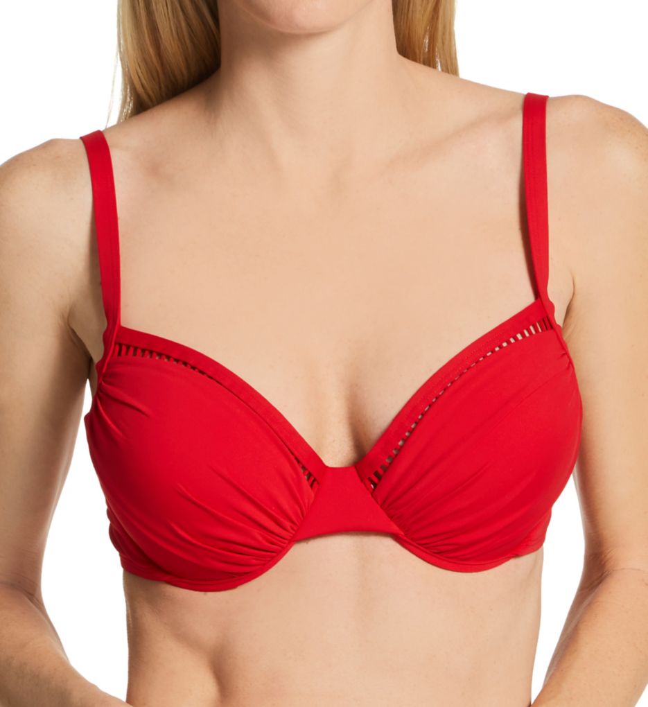 Twist-front ruched stretch-satin underwired bandeau bikini top