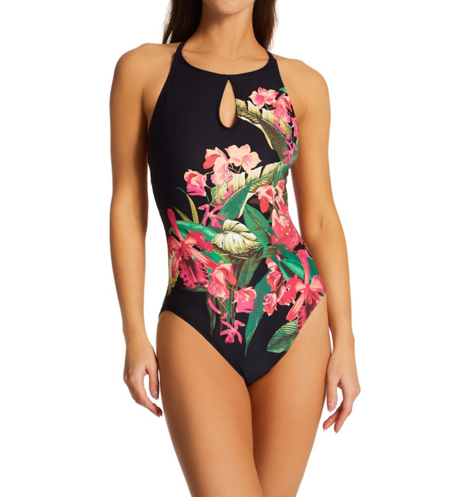 Buy Black High Neck Keyhole Cut Out Tummy Control Swimsuit from