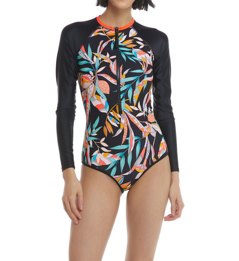 Tropical Sleeveless Back Zipper One Piece Swimsuit - Multicolor / S