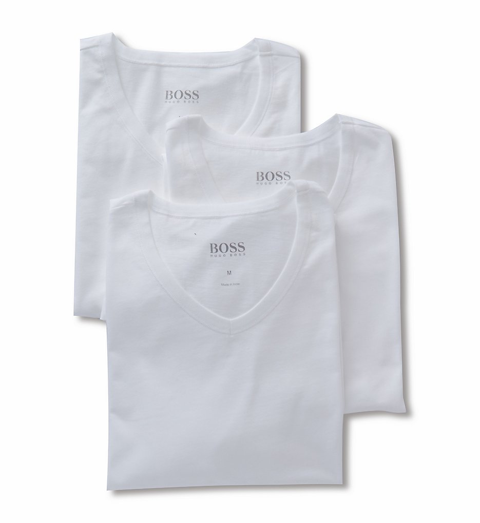 Boss Hugo Boss 0325386 Essential 100% Cotton V-Neck T-Shirts - 3 Pack (White)