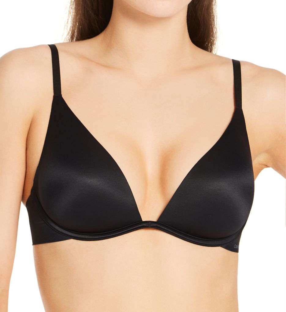 CK Black Linear Lace Push Up Plunge Bra, black