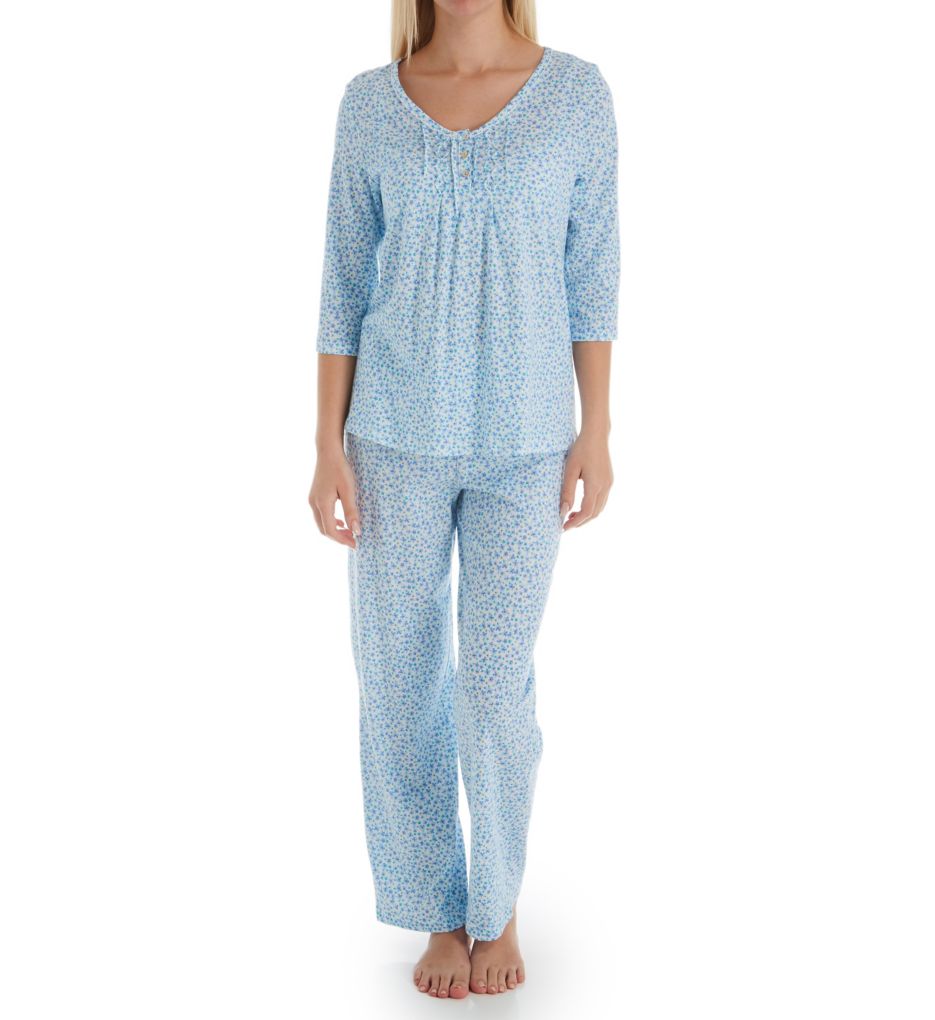 Aqua Floral Cotton 3/4 Sleeve Long PJ Set-fs