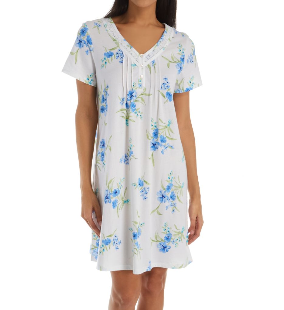Aqua Floral Cotton Short Sleeve Short Gown-fs