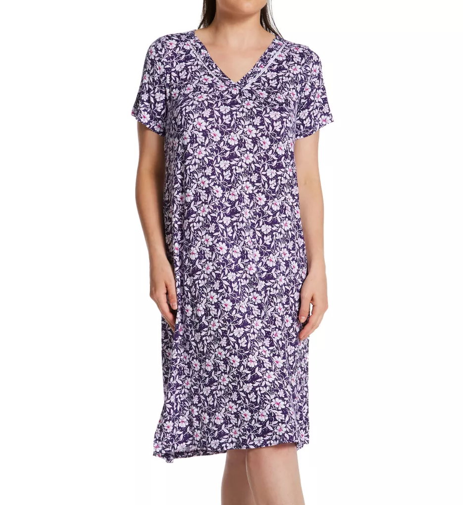 Carole Hochman Floral Print Jersey Knit Short Sleeve V-Neck Nightgown