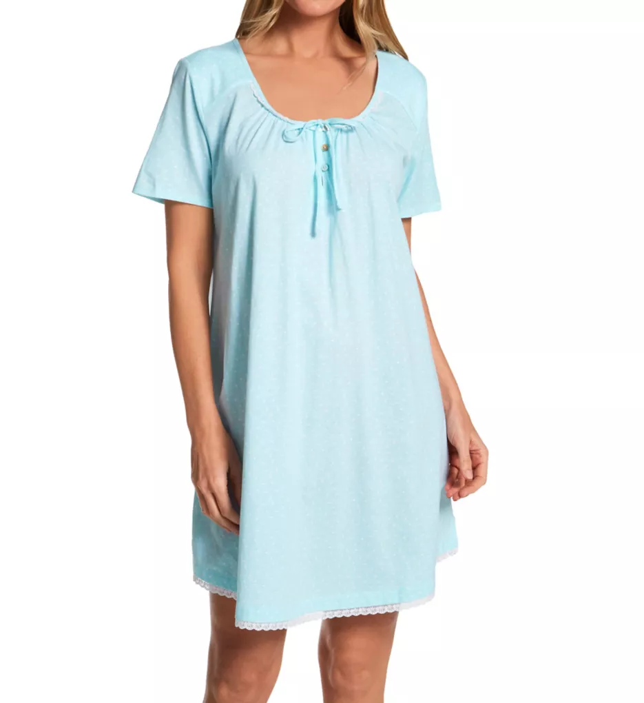 100% Cotton Knit Short Sleeve Nightgown Aqua Dots S