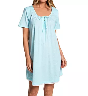 100% Cotton Knit Short Sleeve Nightgown Aqua Dots M