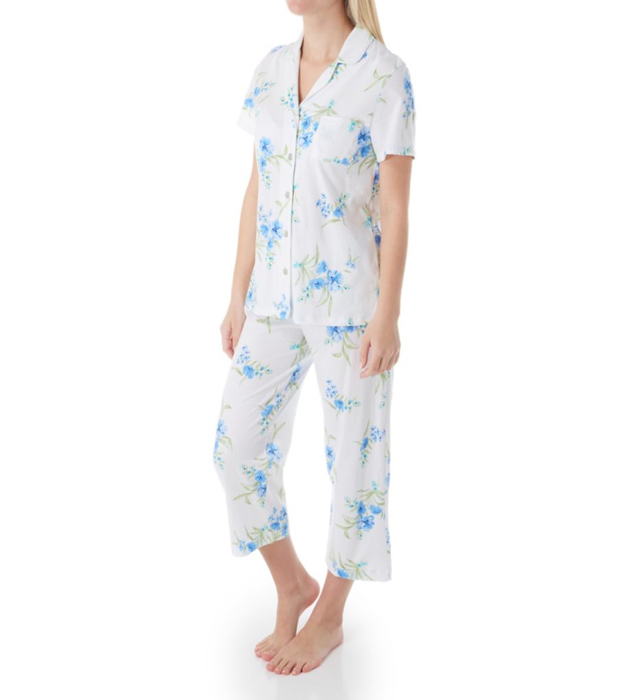 Aqua Floral Cotton Short Sleeve Capri PJ Set-acs