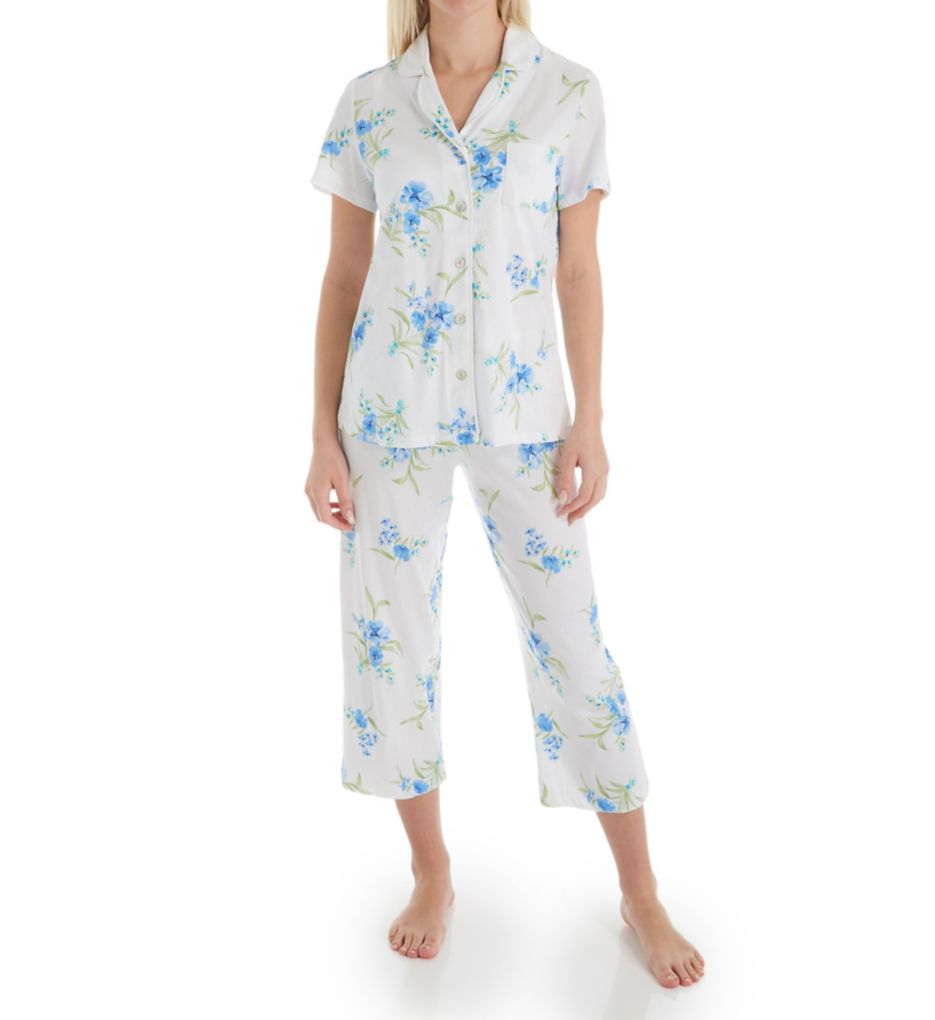 Aqua Floral Cotton Short Sleeve Capri PJ Set-fs