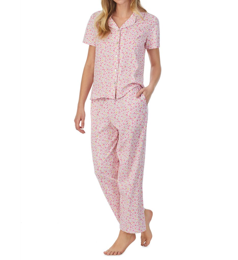 100% Cotton Short Sleeve Notch Collar Long PJ Set-acs