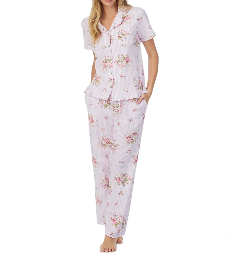 100% Cotton Short Sleeve Notch Collar Long PJ Set-acs