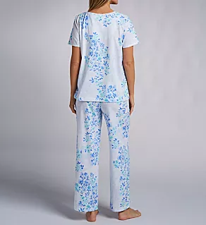 100% Cotton Short Sleeve Long Pant PJ Set Blue Floral Print L