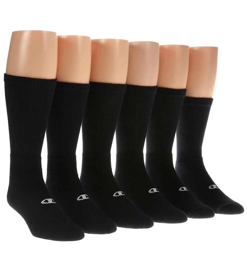 Champion CH600 Double Dry Performance Athletic Crew Sock - 6 Pack (Black 6-12)